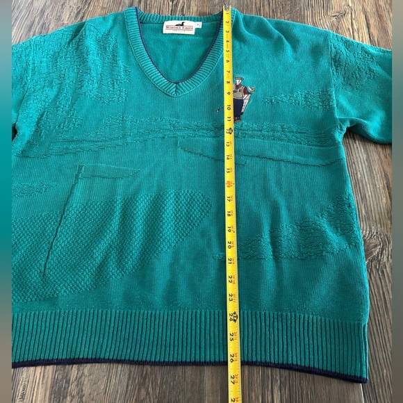 Vtg Winona Knits Embossed Golf Sweater M Teal V-Neck Pullover Embroidered Preppy - Picture 12 of 12